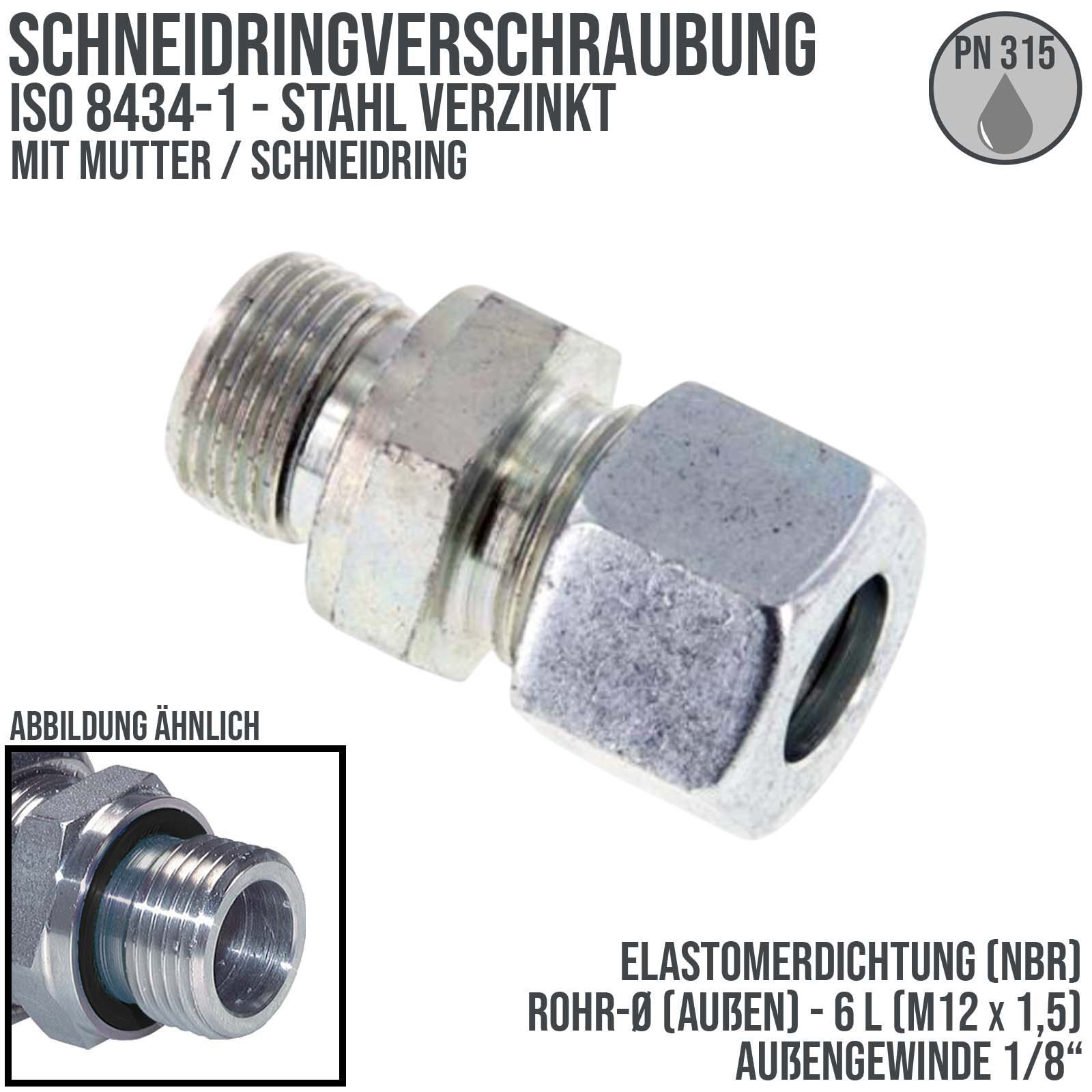 1/4" AG 6 L Schneidring Verschraubung Außengewinde M 12 x 1,5 Stahl verzinkt Elastomer Dichtung NBR - PN 315 bar
