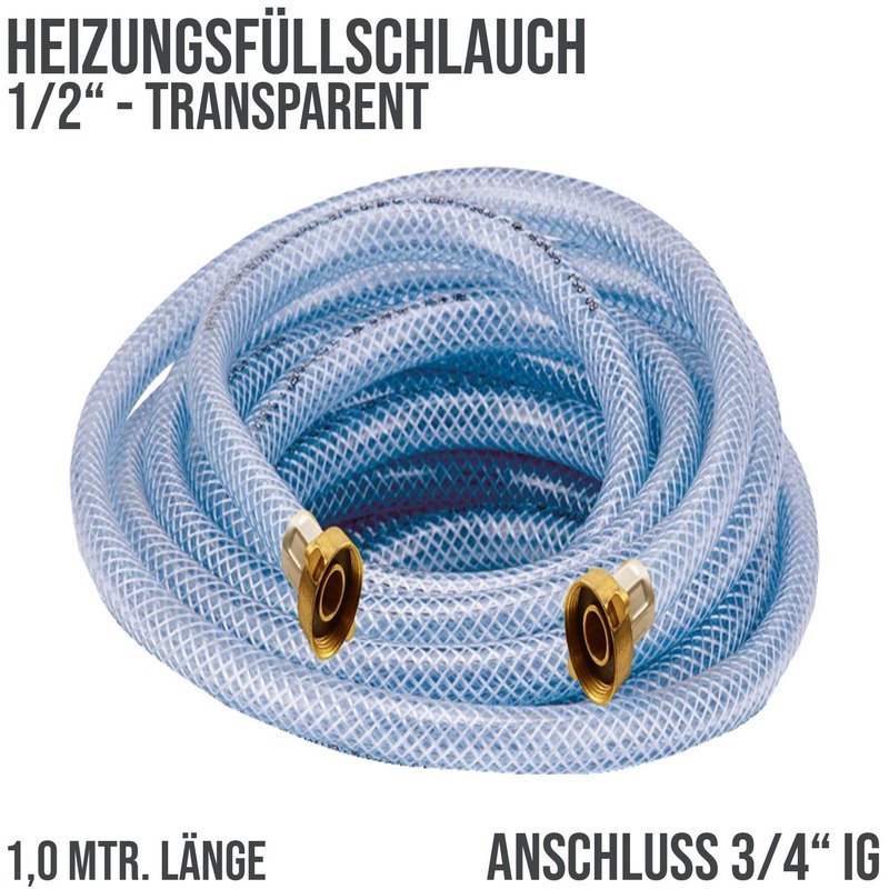 1,0 m Heizungs Füll Wasser Heizkörper Radiator Sanitär Schlauch transparent 3/4" Anschluss - PN 8 bar
