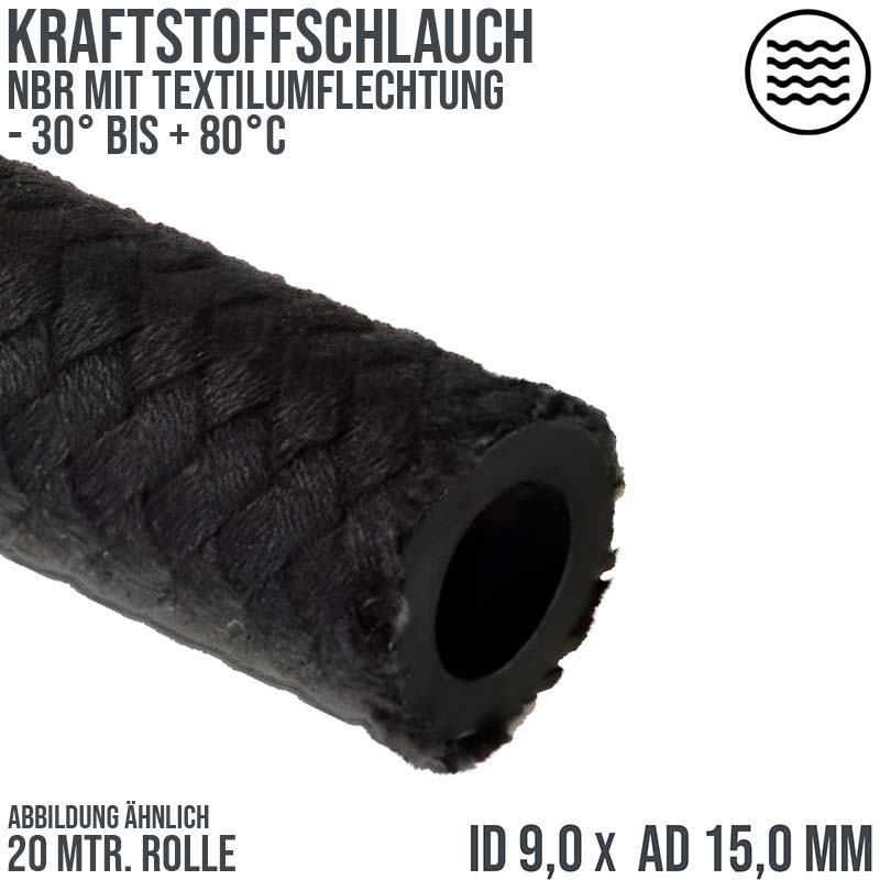 9 x 15 mm Kraftstoff Benzin Öl Schlauch Textilgeflecht schwarz DIN 73379 - PN 7 bar - 20 m