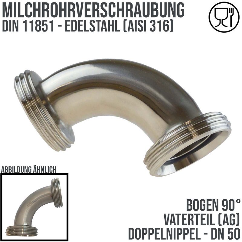 DN 50 Milchrohr Verschraubung DIN 11851 VT Vaterteil Stutzen 90° Bogen Außen x Außengewinde - PN 25 bar