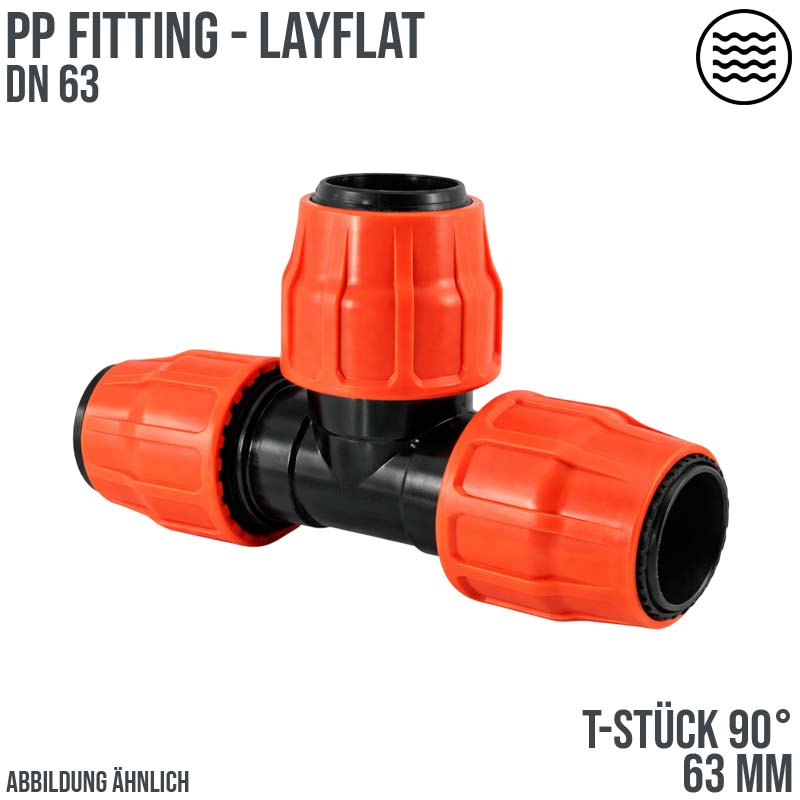 63 mm PE PP Fitting Layflat Klemm Verbinder T-Stück 90° Kupplung Flach Schlauch - PN 10 bar