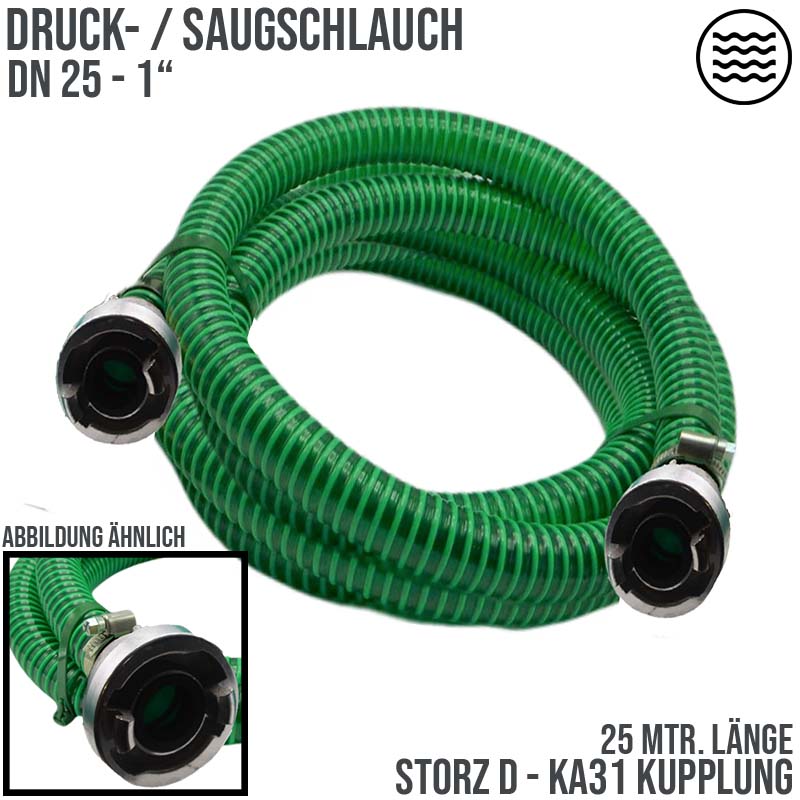 STORZ D DN25 KA31 - 25 mm 1" PVC Saug Ansaug Pumpen Spiral Schlauch PN 5 bar grün - 25 m Rolle