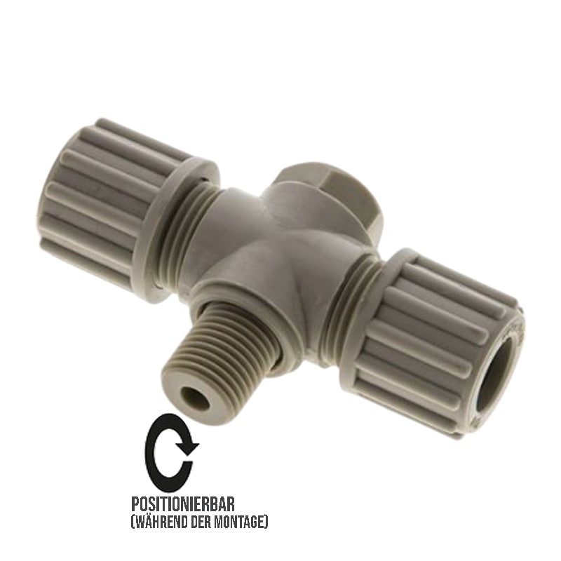 6 x 4 mm x 3/8" T-Stück 90° Kupplung Aussengewinde PA PP Schlauch Verbinder FDA drehbar - PN 10 bar