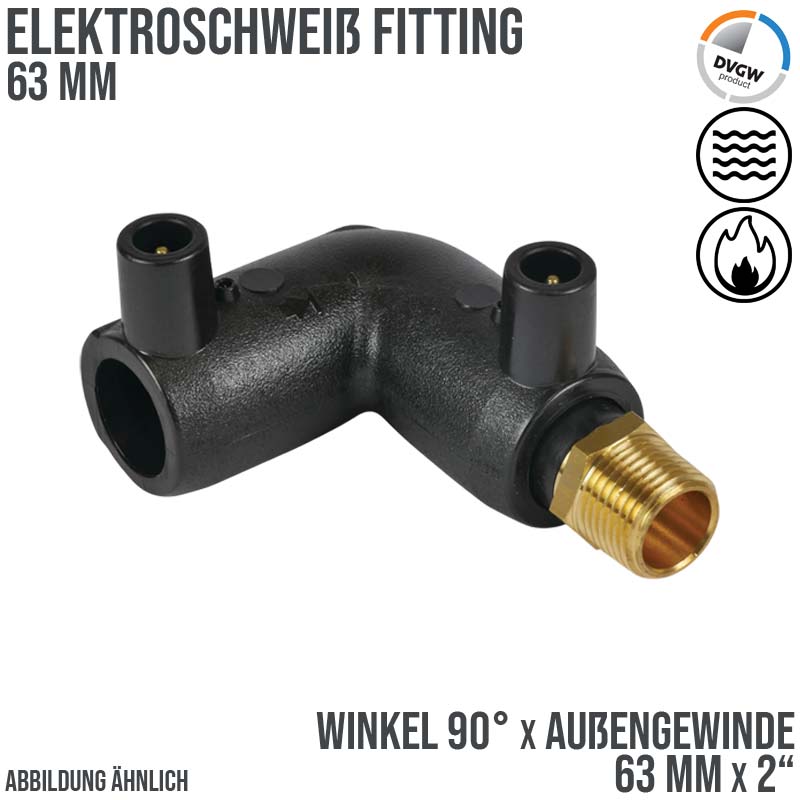 63 mm PE 100 Elektro Schweiß Fitting Winkel 90° x Außengewinde 63 mm x 2" SDR 7,4 DVGW 24 VAC schwarz
