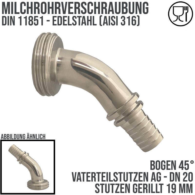 DN 20 Milchrohr Verschraubung DIN 11851 VT Vaterteil Stutzen 45° Bogen Außengewinde RD Sicherungsbund - Stutzen gerillt 19 mm - PN 25 bar