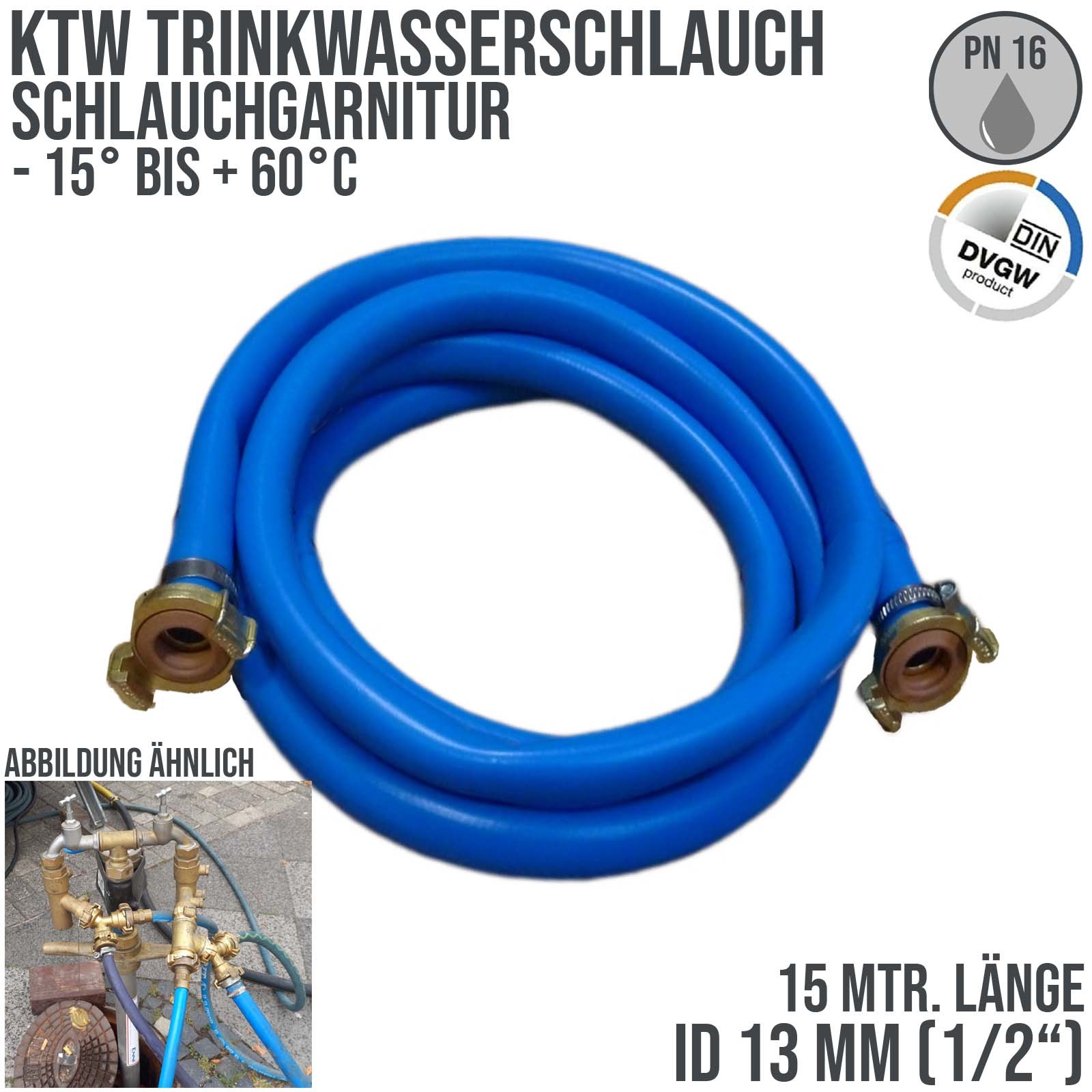 13 mm 1/2" Zoll TPE Trinkwasser Garnitur GEKA-Schnellkupplung Kirmes Schlauch KTW DVGW PN15 bar - 15 m