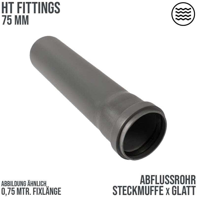 75 mm PP Abfluß Abwasser HT KG Rohr grau - 0,75 m Fixlänge