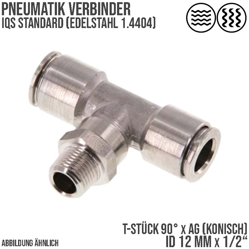 12 mm x 1/2" Pneumatik Steck Verbinder T-Stück 90° IQS Edelstahl VA 1.4404 Außengewinde konisch - PN 15 bar