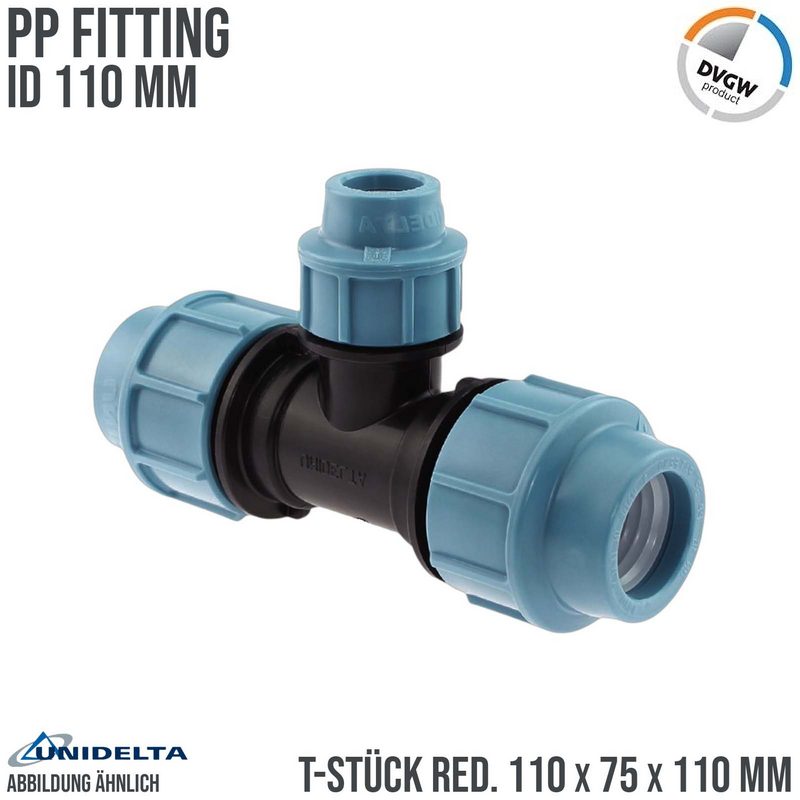 110 x 75 x 110 mm PE PP Fitting Klemm Verbinder Verschraubung Muffe reduziert T-Stück 90° DVGW - Unidelta