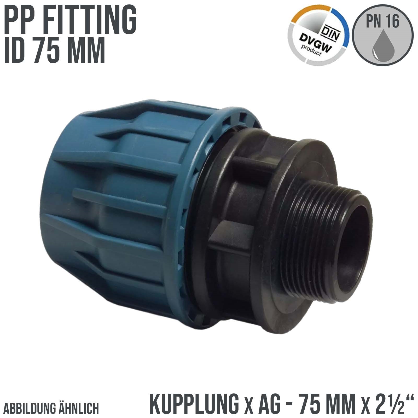 75 mm x 2" PE PP Fitting Klemm Verbinder Verschraubung Muffe Rohr Kupplung x AG DVGW - PN 16 bar