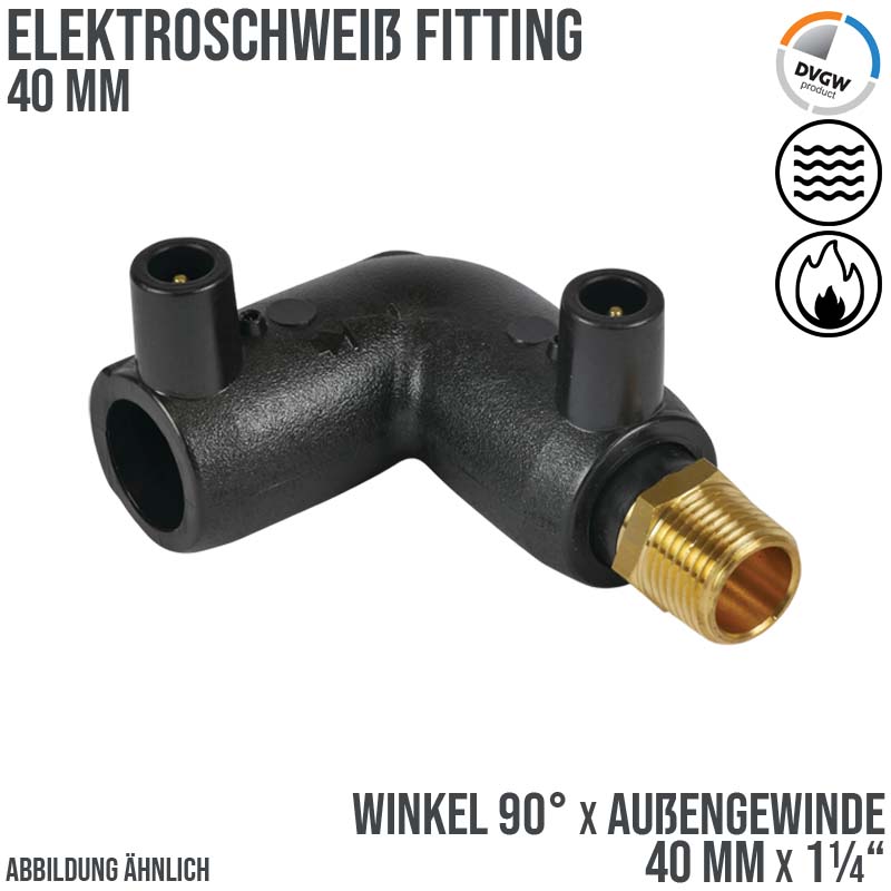 40 mm PE 100 Elektro Schweiß Fitting Winkel 90° x Außengewinde 40 mm x 1 1/4" SDR 7,4 DVGW 24 VAC schwarz