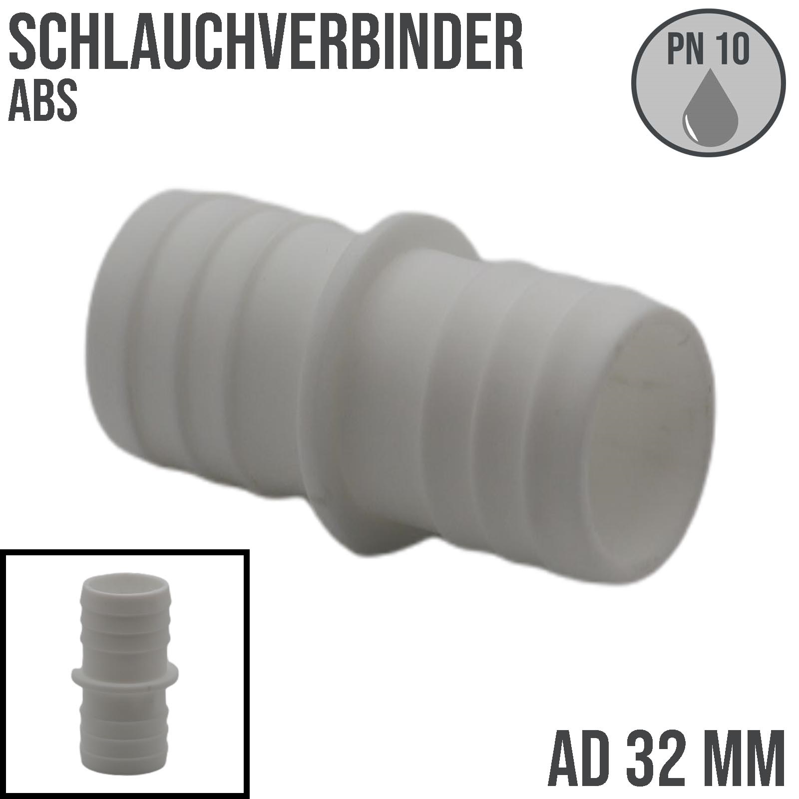 32 x 32 mm ABS Schlauch Tülle Stutzen Doppel Verbinder Pool Schwimmbad Teich - PN 10 bar