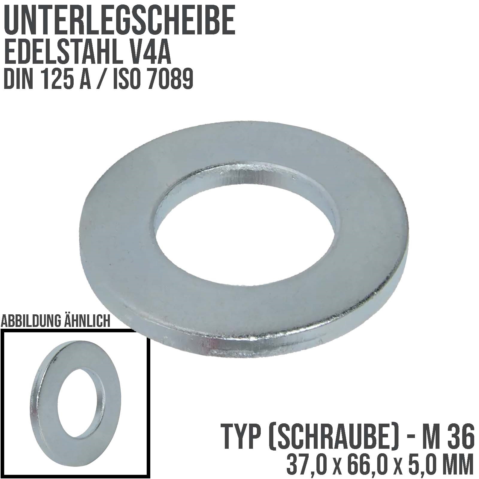 37,0 x 66,0 x 5,0 mm Unterleg Scheibe DIN 125 A ISO 7089 Edelstahl V4A Schraube M36