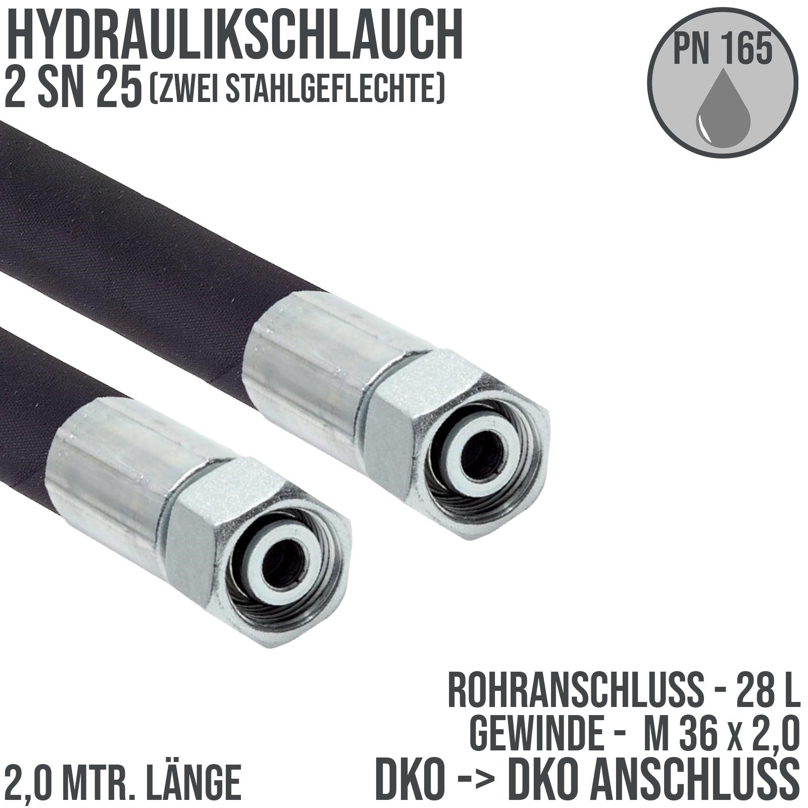 Hydraulikschlauch DN 25 2SN25 - 28 L DKO auf DKO Anschluss IG (M 36 x 2,0) - 2000 mm