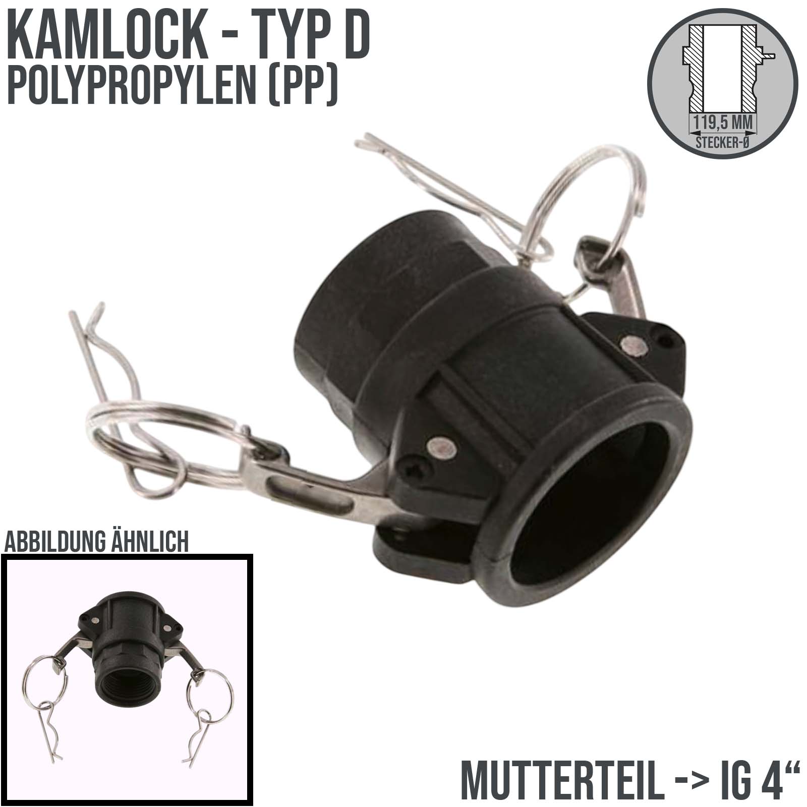 Kamlock Typ D - Mutterteil Polypropylen PP mit Innengewinde (IG) für Stecker 119,5 mm - 4" Zoll DN100 - PN 5 bar