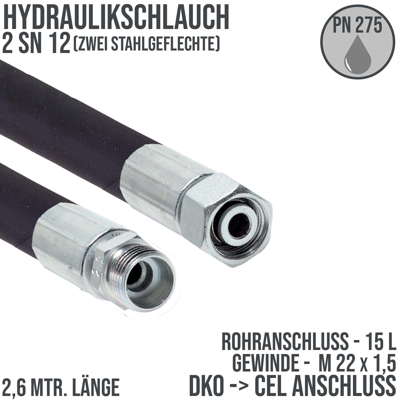 Hydraulikschlauch DN 12 2SN12 - 15 L DKO (IG) auf CEL (AG) Anschluss (M 22 x 1,5) - 2600 mm