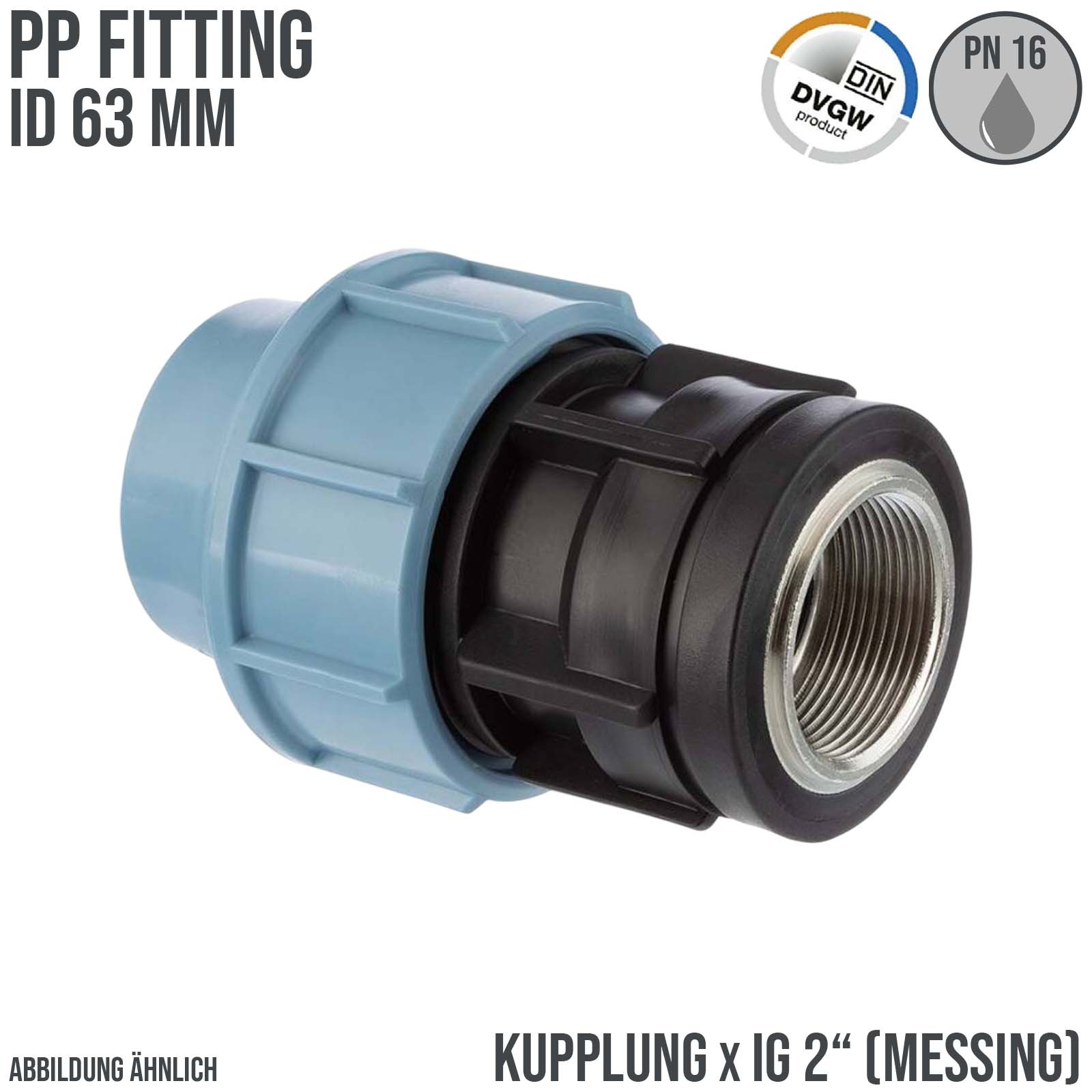 63 mm x 2" PE PP Fitting Klemm Verbinder Muffe Rohr Kupplung x Messing IG DVGW - Unidelta