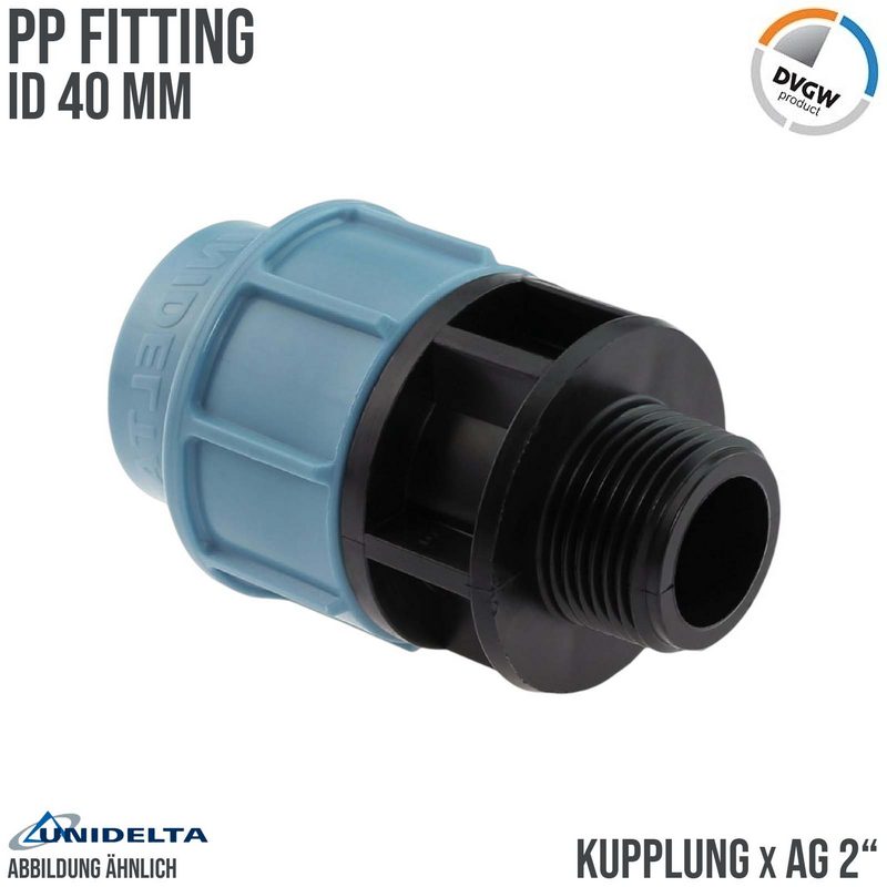 40 mm x 2" PE PP Fitting Klemm Verbinder Verschraubung Muffe Rohr Kupplung x AG DVGW - Unidelta
