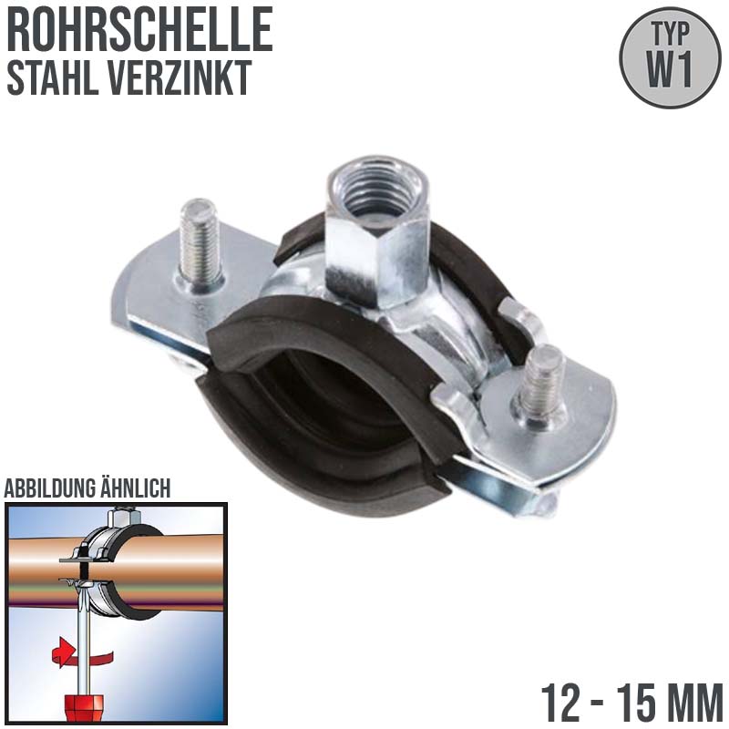 12 - 15 mm Rohr Schraub Schelle Klemme Gummieinlage Fischer M8 M10 2-teilig W1 Stahl verzinkt DIN 4109