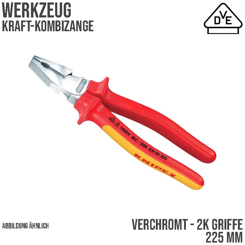 225 mm Kraft Kombi Universal Zange VDE verchromt 2K Griffe Knipex