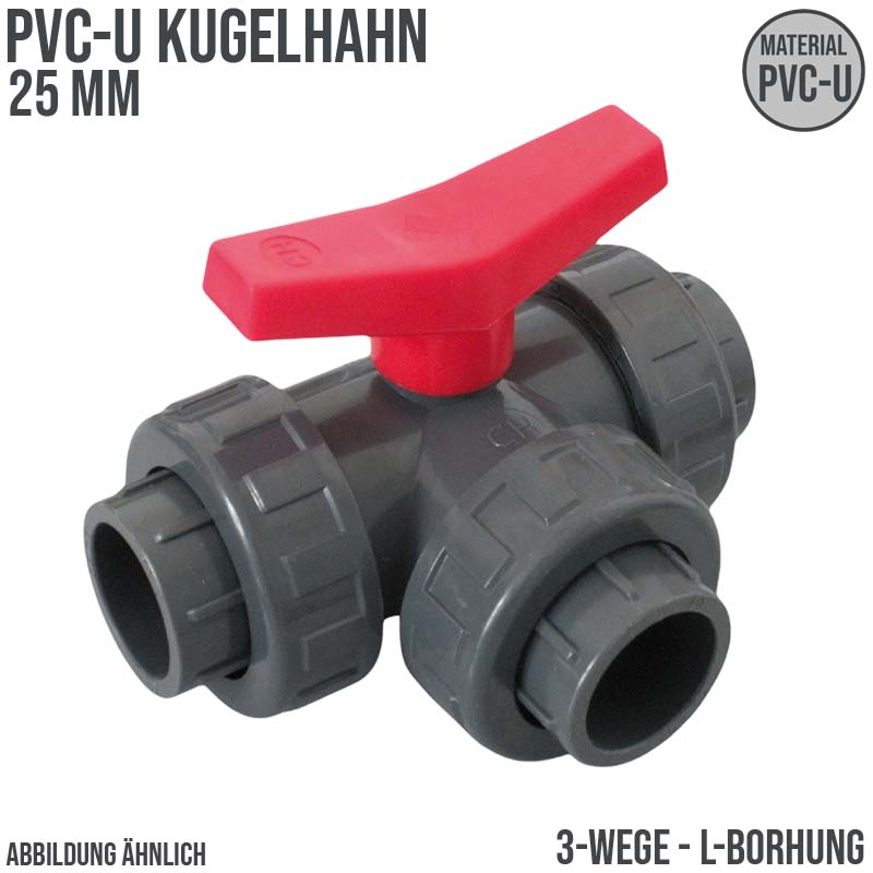 25 mm PVC Kugel Absperr Hahn Ventil L-Bohrung 3-fach Klebemuffe Fitting PN 10 bar - roter Griff