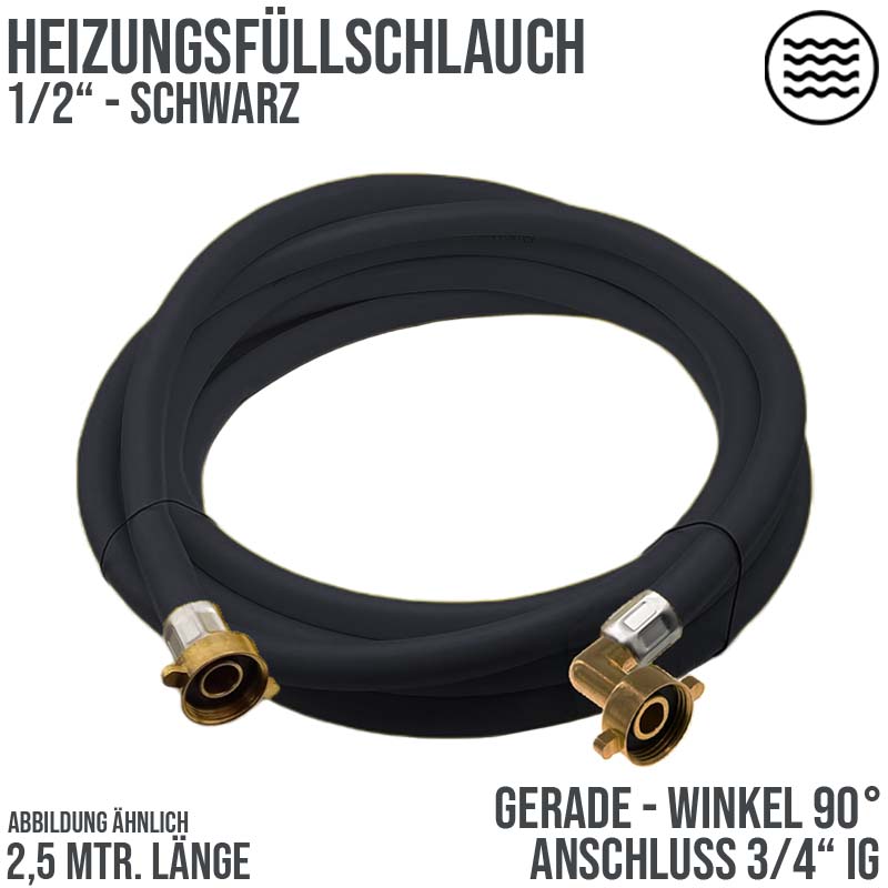 2,5 m Heizungs Füll Wasser Heizkörper Radiator Sanitär Schlauch schwarz - 3/4" Gerade/Winkel Anschluss - PN 8 bar
