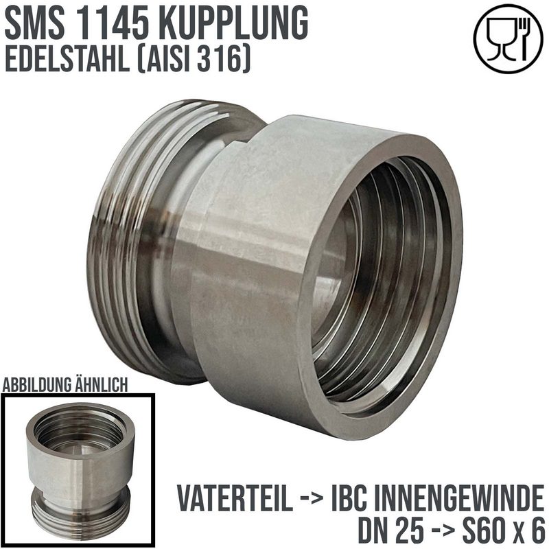 DN 25 SMS Kupplung 1145 Übergang Adapter Vaterteil Außengewinde -> IBC S60 x 6 Innengewinde - PN 16 bar