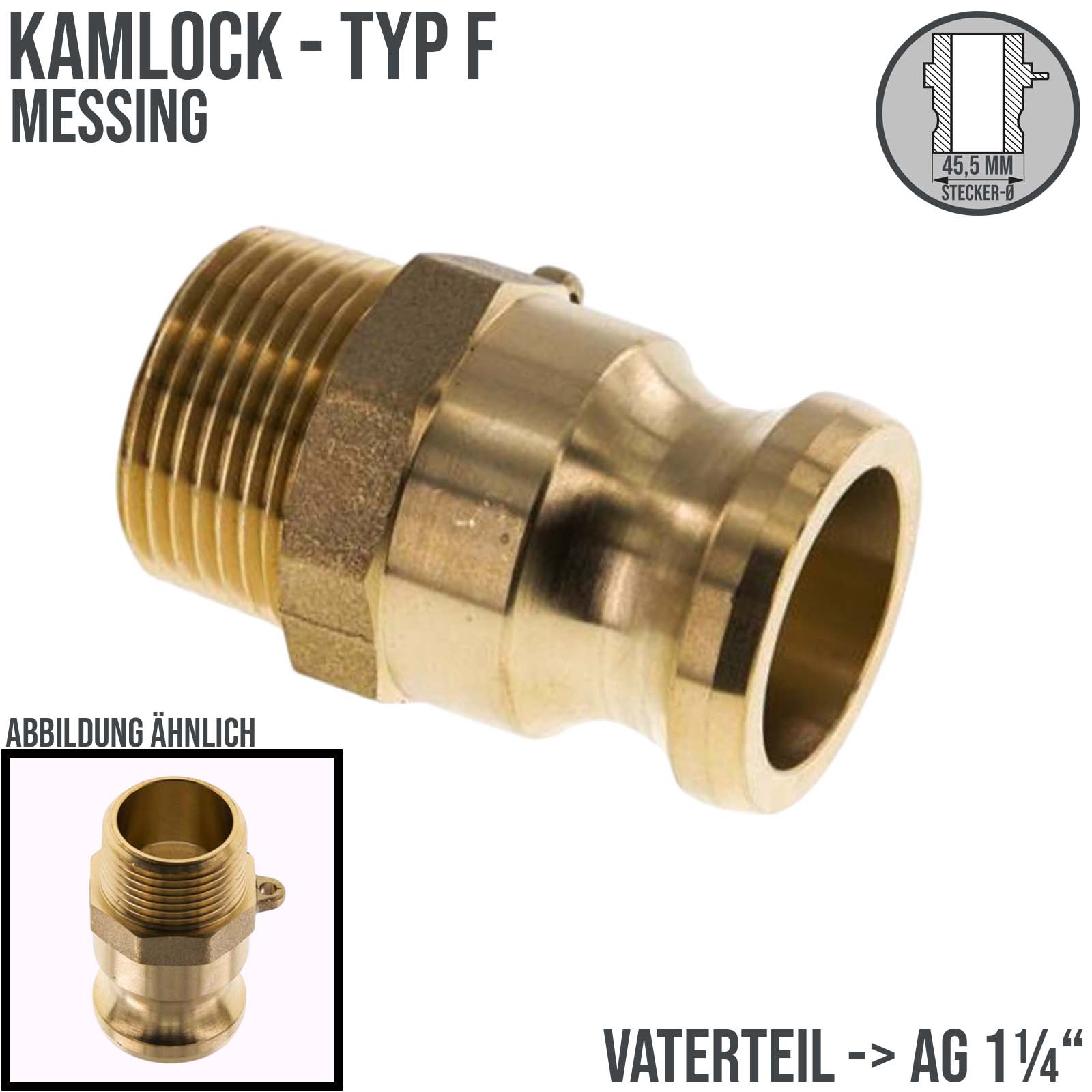 Kamlock Typ F - Vaterteil Messing - 45,5 mm Stecker mit Außengewinde (AG) 1 1/4" Zoll DN 32 - PN 17 bar