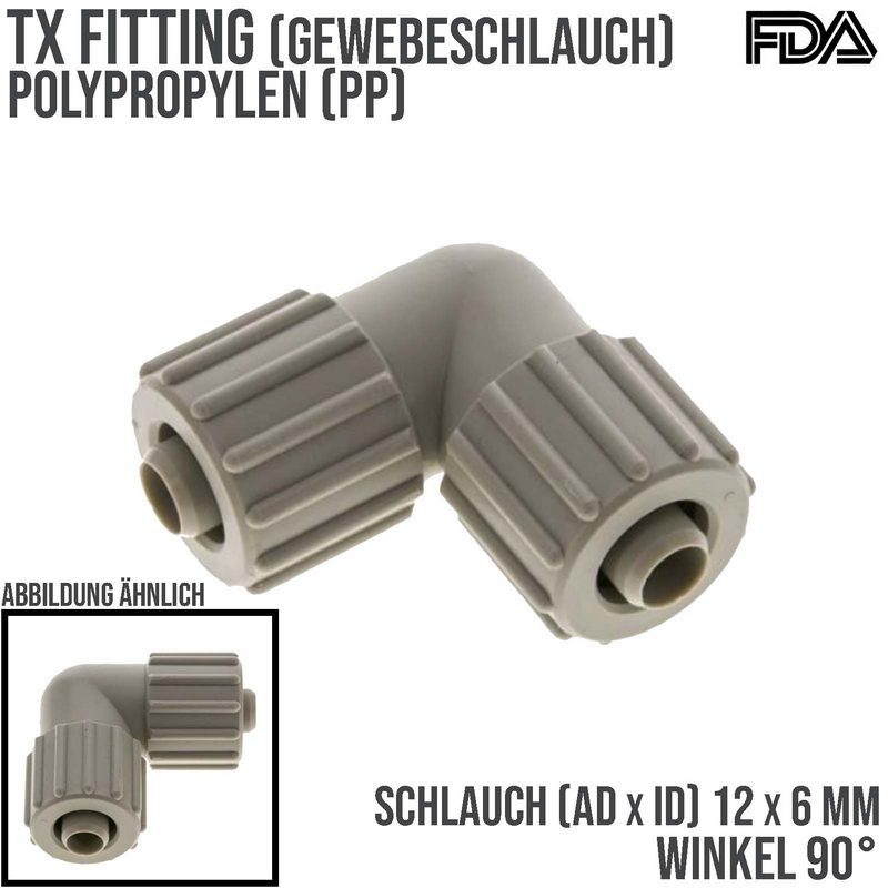 12 x 6 mm Winkel 90° TX Fitting Gewebe Schlauch Verbinder FDA PP beige - PN 10 bar