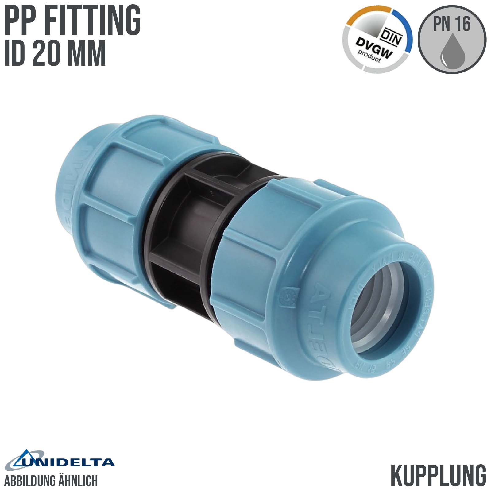 20 mm PE PP Fitting Klemm Verbinder Verschraubung Muffe Rohr Kupplung DVGW - Unidelta