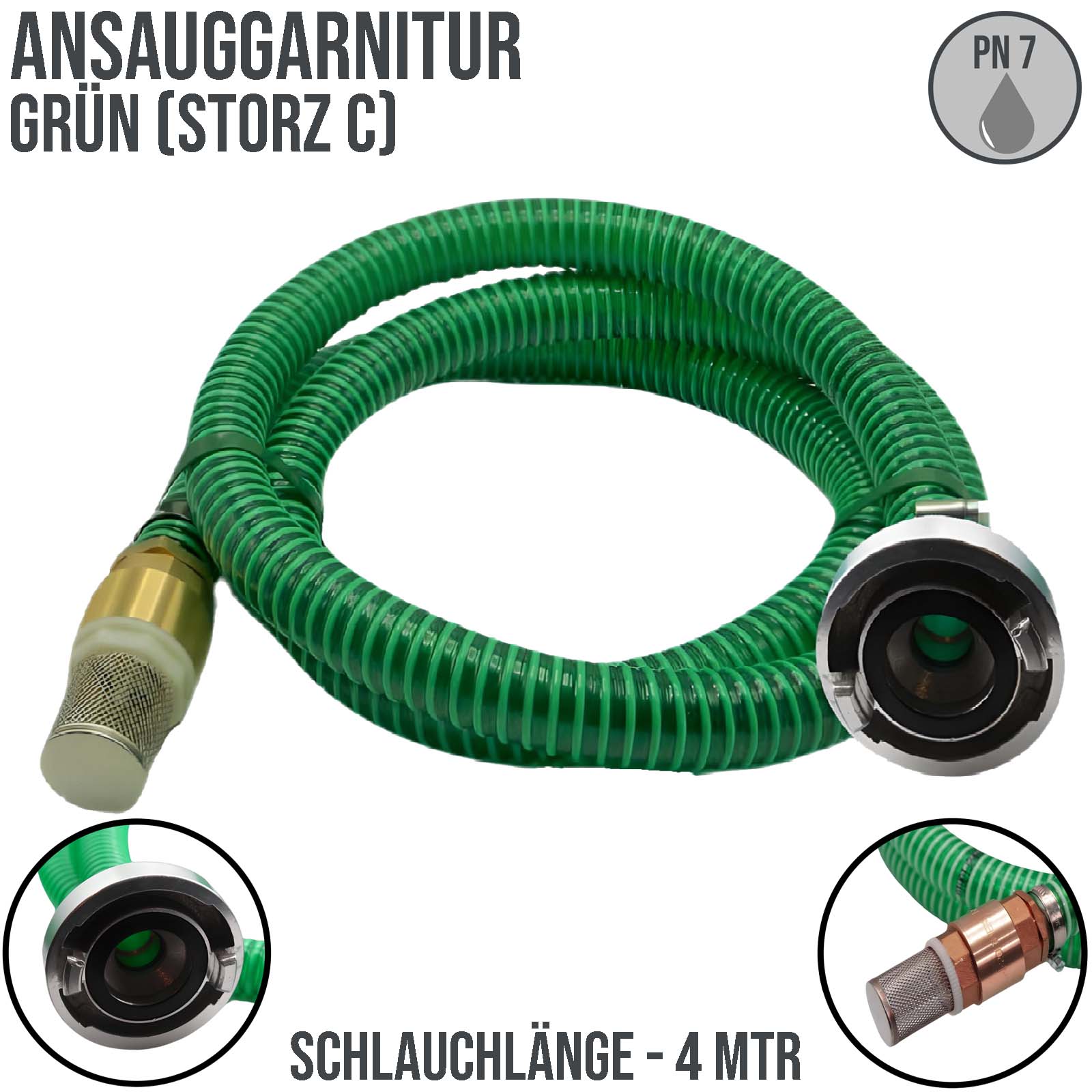 32 mm 1 1/4" Zoll Ansaug Saug Schlauch Pumpen Garnitur STORZ C Kupplung grün - 4 m