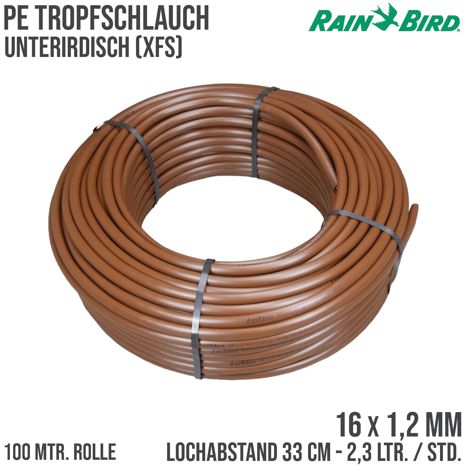 Rain Bird Tropfschlauch Unterirdisch PE 16 mm x 1,2 mm 2.3ltr/h 33 cm braun Typ PC inline XFS sub surface - 100 m