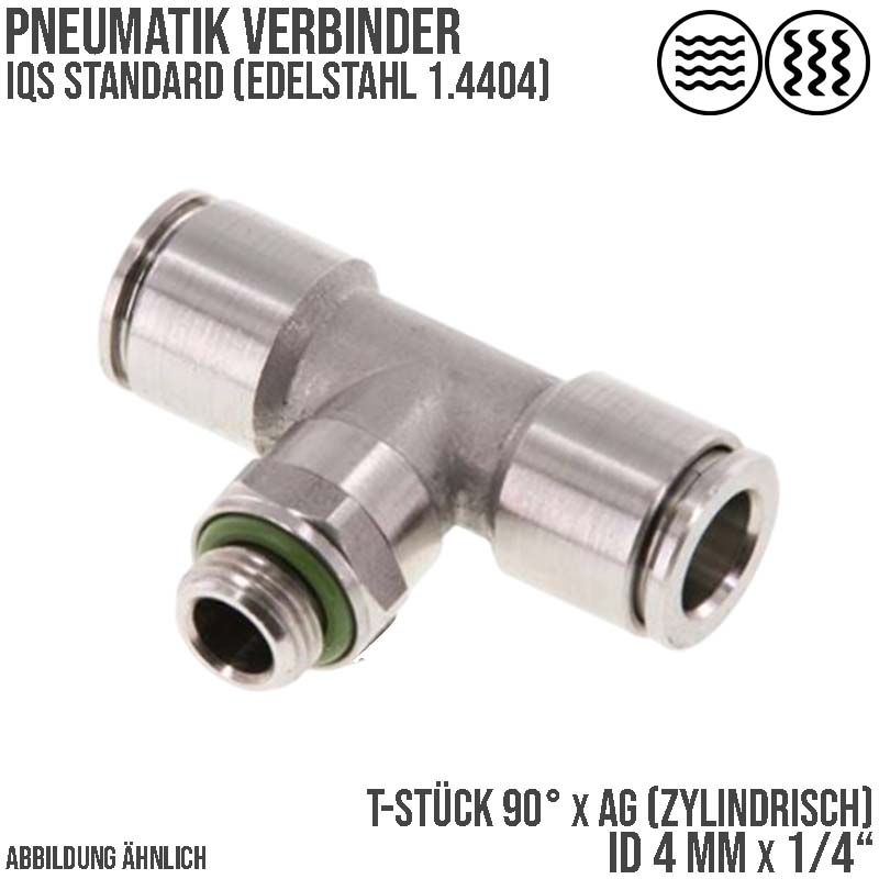 4 mm x 1/4" Pneumatik Steck Verbinder T-Stück 90° IQS Edelstahl VA 1.4404 Außengewinde zylindrisch - PN 15 bar