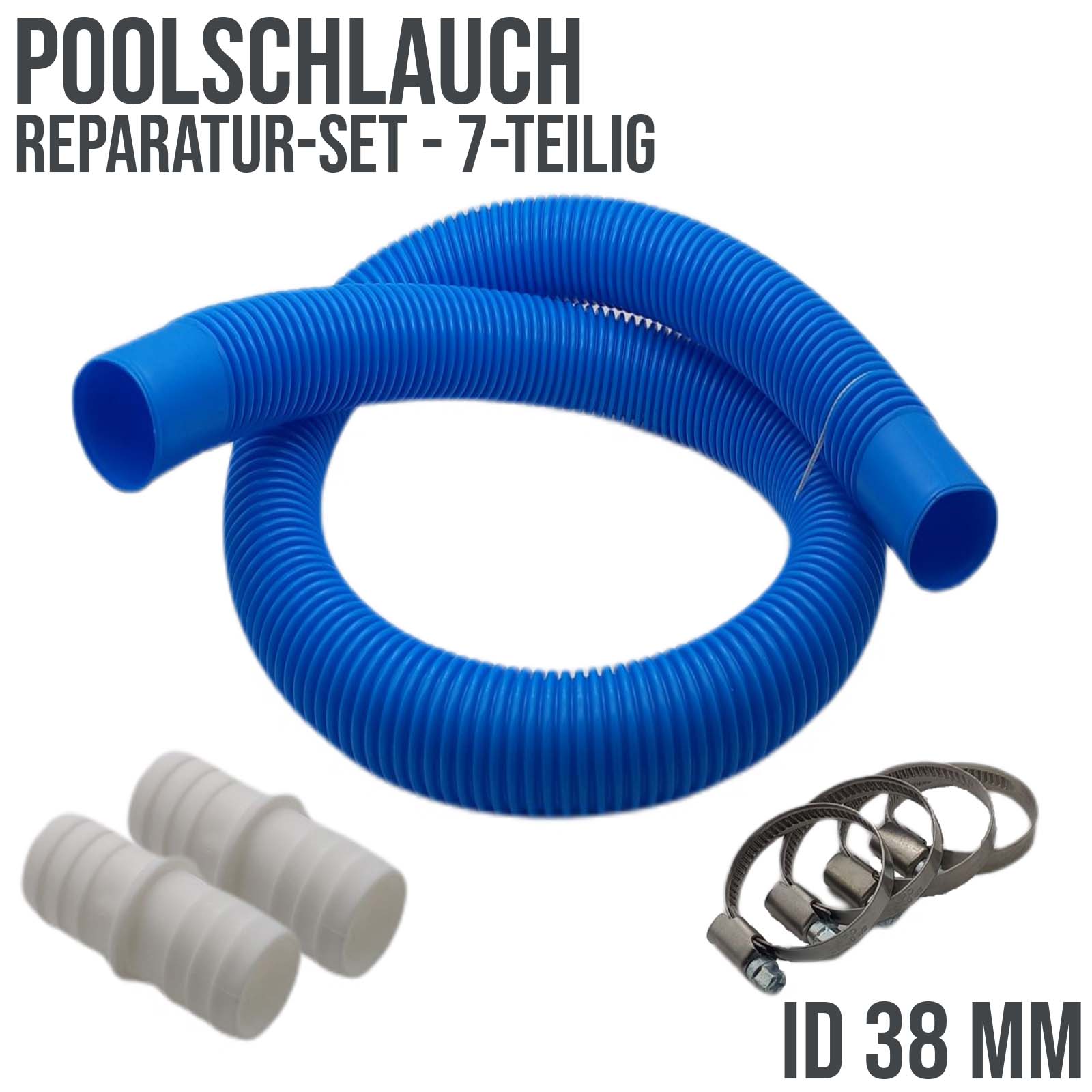 Poolschlauch Reparatur Set  blau Schwimmbad Pool Verlängerung 38 mm - 7-teilig