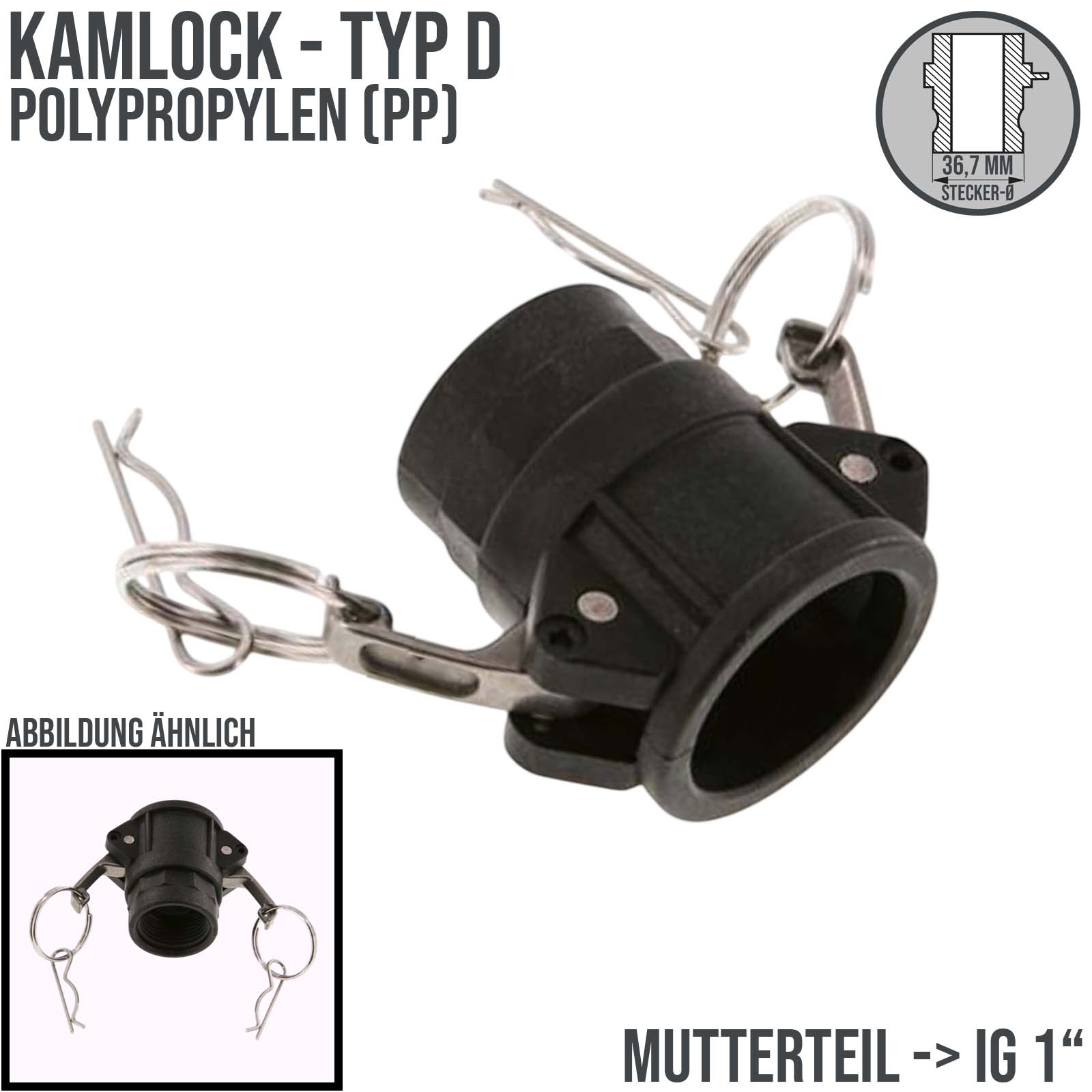 Kamlock Typ D - Mutterteil Polypropylen PP mit Innengewinde (IG) für Stecker 36,7 mm - 1" Zoll DN25 - PN 8,5 bar