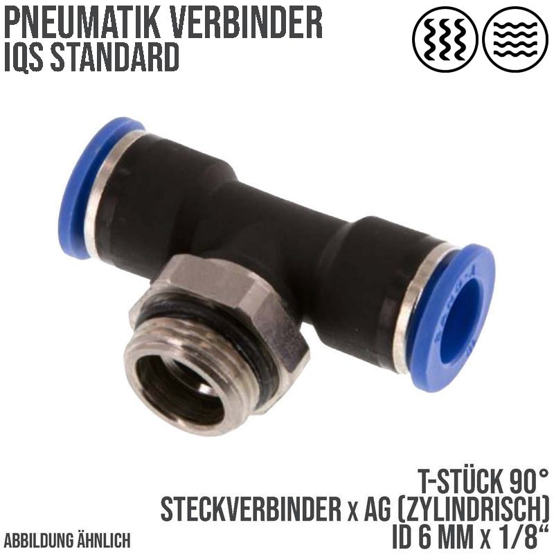 6 mm x 1/8" Pneumatik Steck Verbinder T-Stück 90° IQS Außengewinde zylindrisch - PN 20 bar