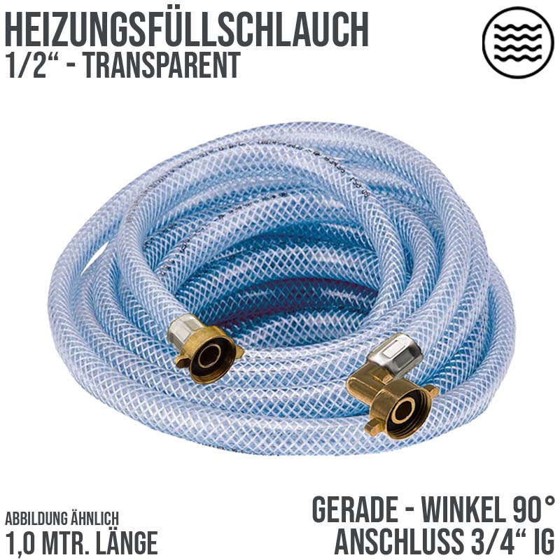 1,0 m Heizungs Füll Wasser Heizkörper Radiator Sanitär Schlauch transparent - 3/4" Gerade/Winkel Anschluss - PN 8 bar