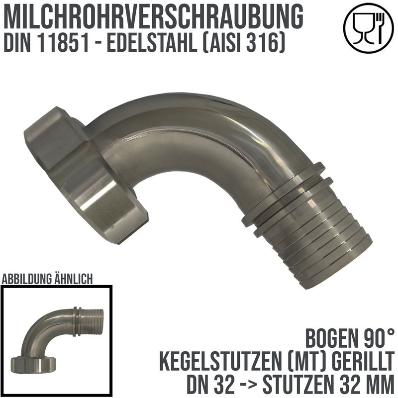 DN 32 Milchrohr Verschraubung DIN 11851 Mutterteil 90° Bogen Kegel Stutzen Sicherungsbund - Stutzen gerillt 32 mm - PN 25 bar