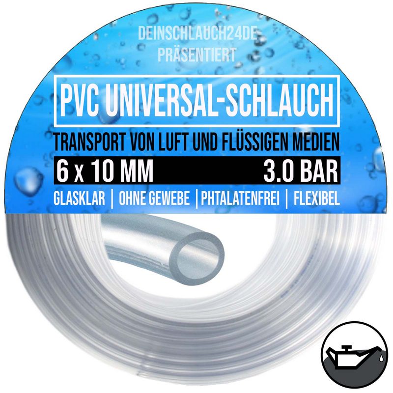 6 x 10 mm PVC Flüssigkeit Öl Luft Wasser Universal Labor Schlauch klar durchsichtig - PN 3 bar