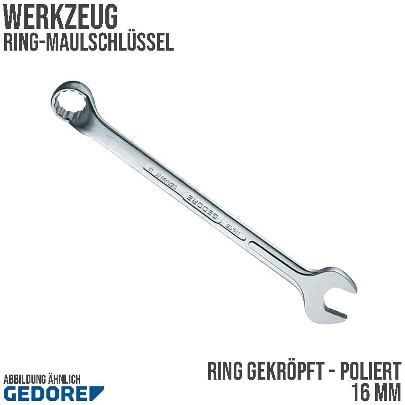 16 mm Ring Maul Schlüssel gekröpft Vanadium Stahl verchromt Gedore