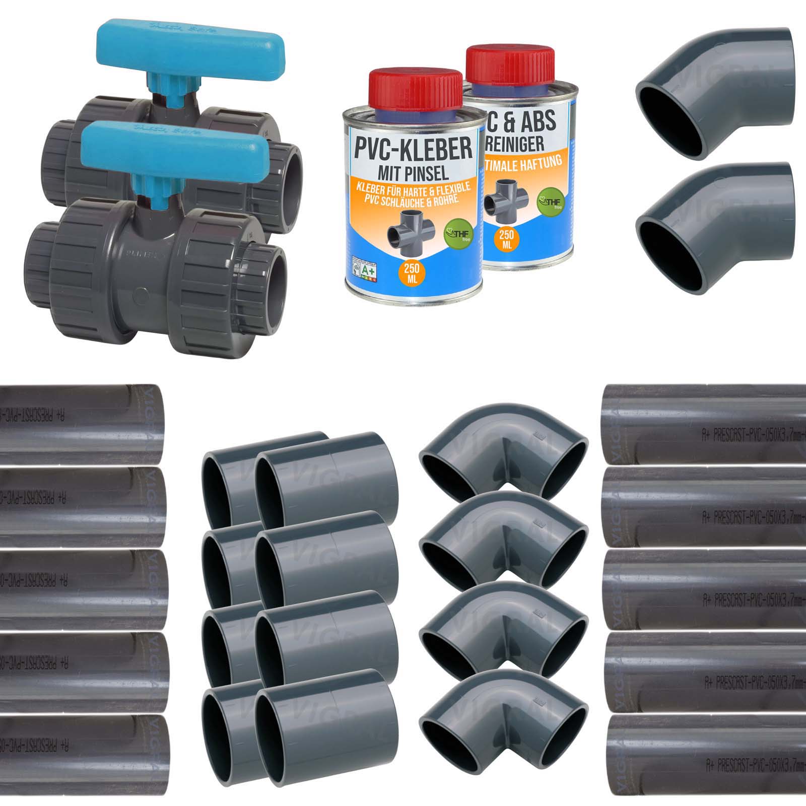 50 mm PVC Klebe Fittings Verrohrungspaket Pool Schwimmbad Schlauch Rohr FEST - 10 m - blau