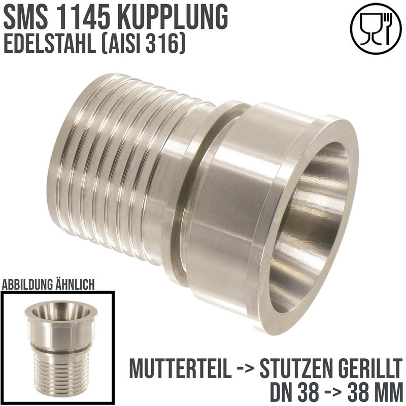 DN 38 SMS Kupplung 1145 Mutterteil MT Außengewinde Sicherungsbund - Stutzen gerillt 38 mm - PN 25 bar