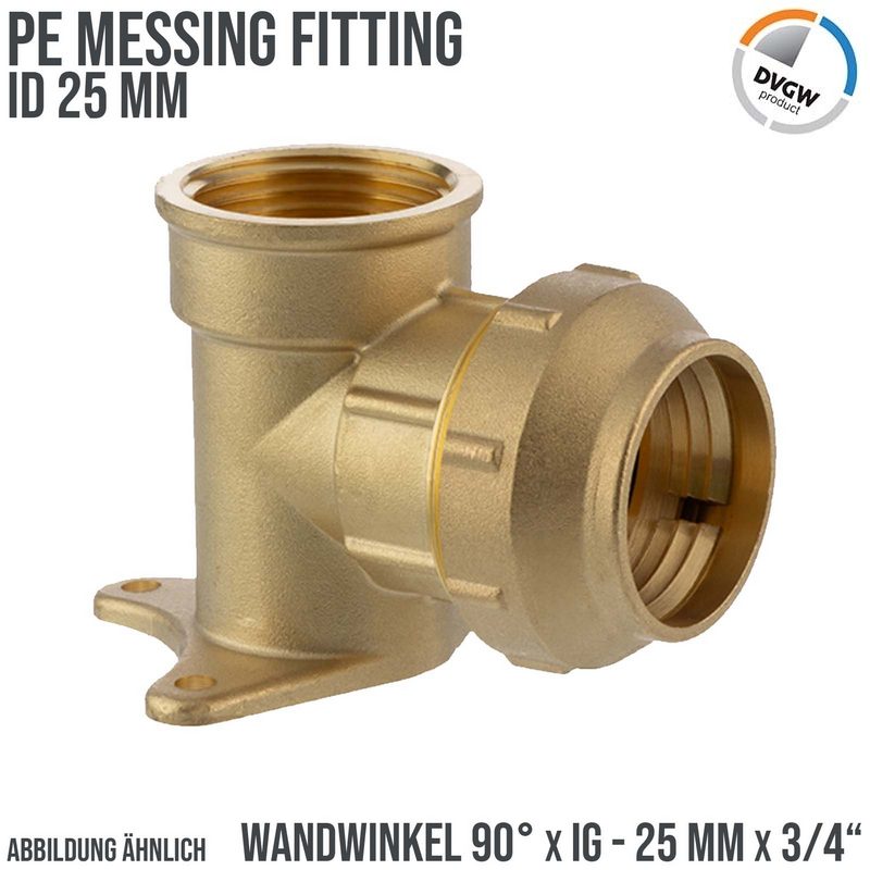 25 mm x 3/4" PE Fitting Klemm Verbinder Messing Wand Winkel 90° x IG DVGW - PN 16 bar