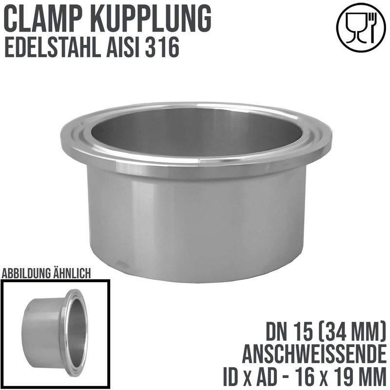 DN 15 CLAMP Kupplung 34 mm DIN 32676 Anschweissende ID 16 x AD 19 mm - PN 16 bar