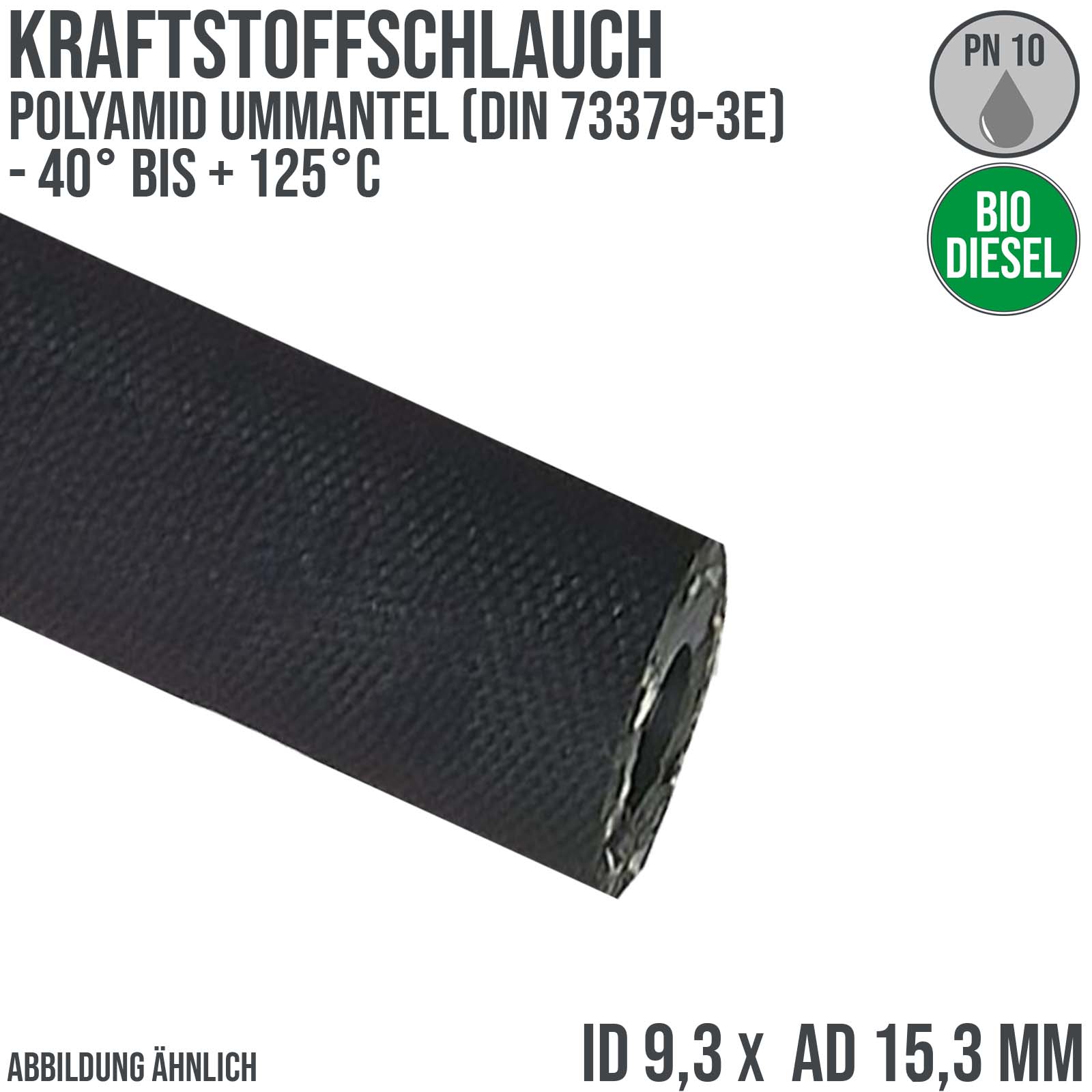9,3 x 15,3 mm Kraftstoff Benzin Öl Bio Raps RME Schlauch schwarz DIN 73379 - PN 10 bar - 20m