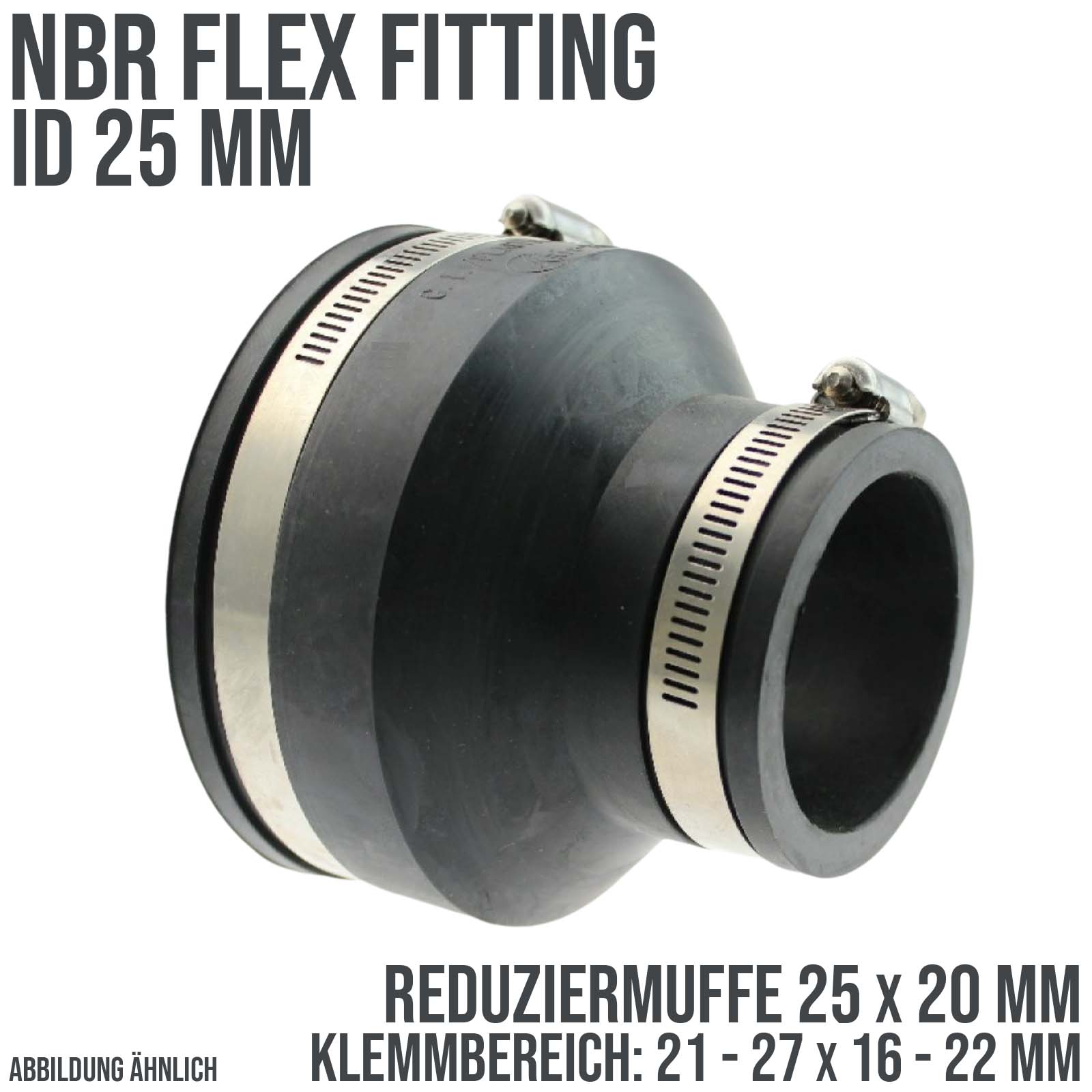 25 mm NBR Flex Fitting Reduziermuffe 25 x 20 mm Verbinder Reparatur (Klemmbereich 21-27 -> 16-22 mm)