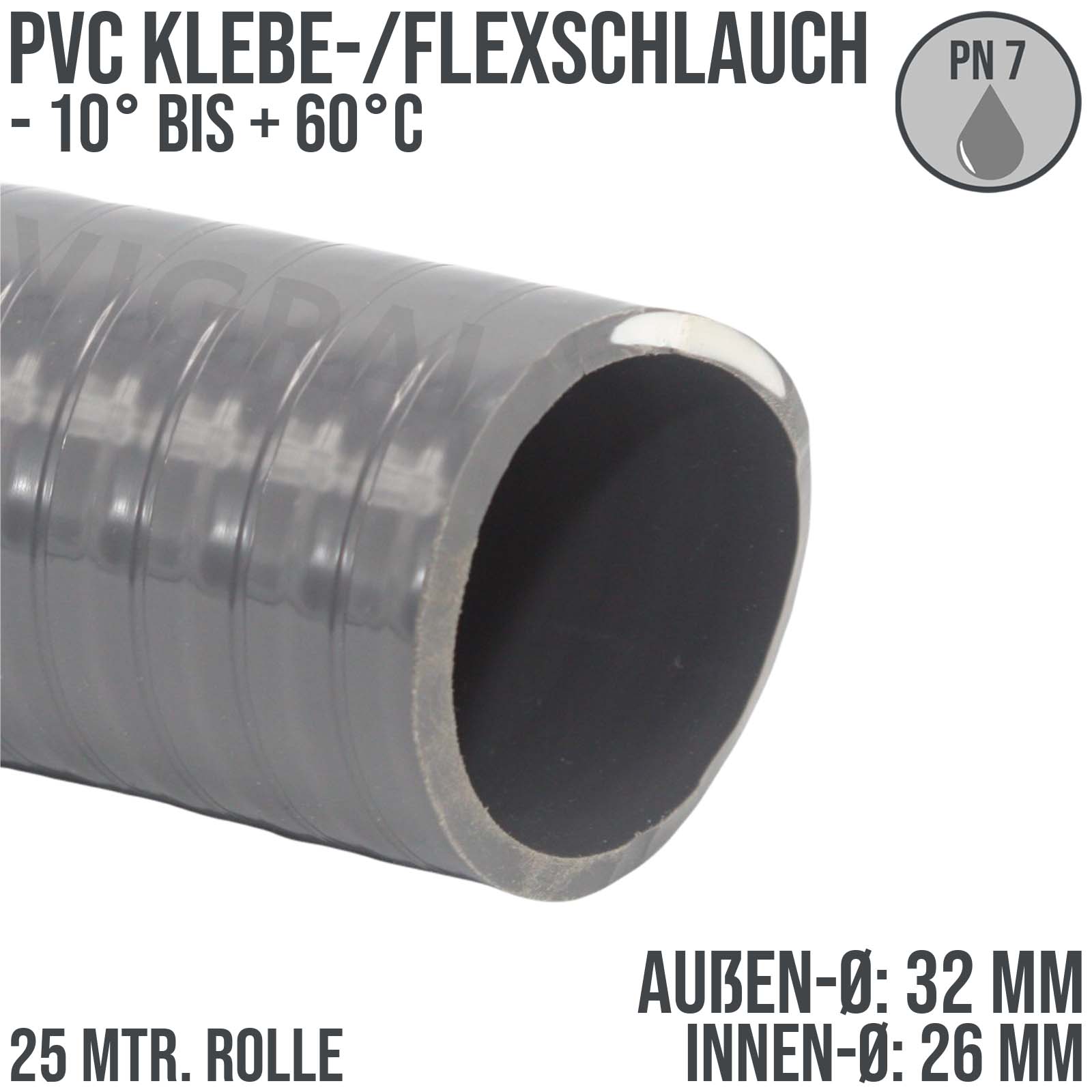 32 x 26 mm PVC Klebe Flex Spiral Schwimmbad Pool Teich Schlauch grau PN 7 bar - 25 m