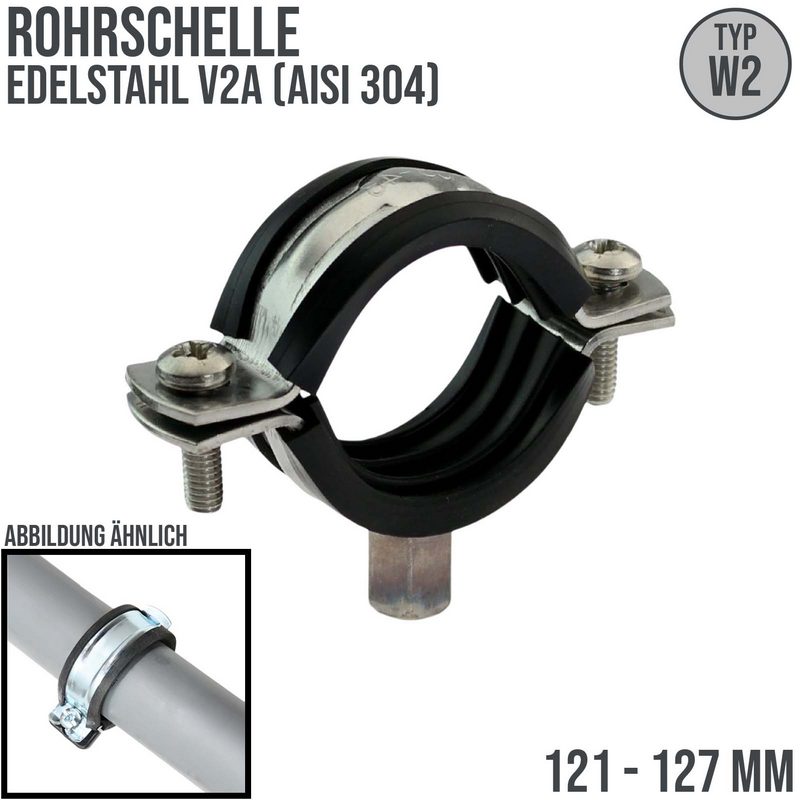 121 - 127 mm Rohr Schraub Schelle Klemme mit Gummieinlage M8 M10 2-teilig Edeltahl AISI 304 DIN 4109