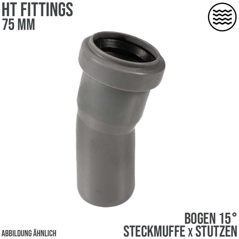 75 mm PP Bogen 15° Abzweig Abfluß Abwasser HT KG Rohr Steckmuffe x Stutzen grau