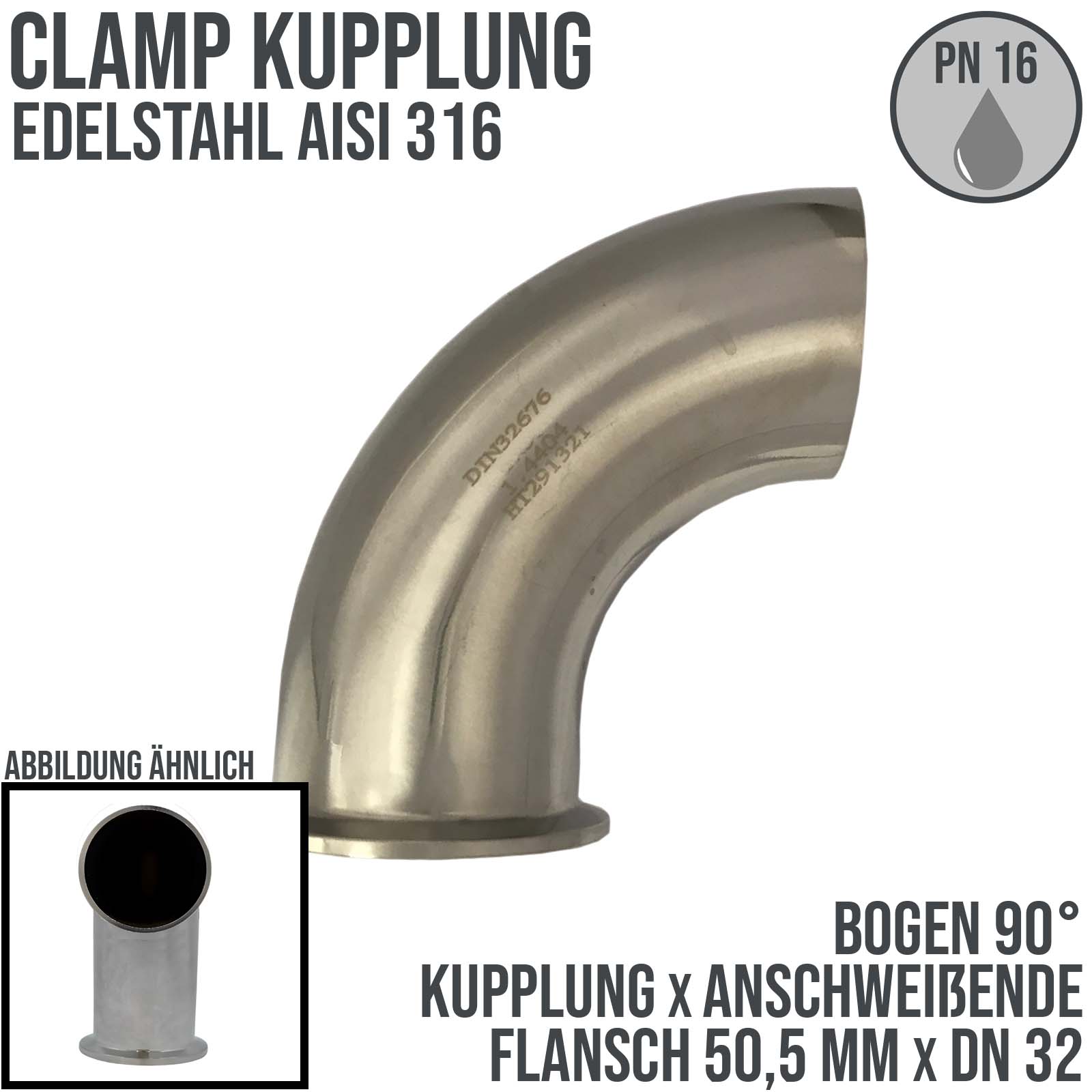CLAMP Kupplung Bogen 90° 50,5 mm DIN 32676 Flansch Teller Anschweissende DN 32  1 1/4" - PN 16 bar